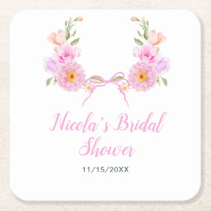 Roze bloemensieraden bruidsdouche kartonnen onderzetters