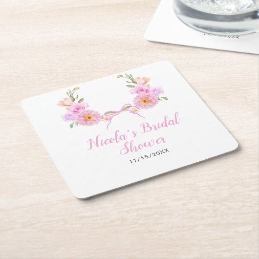 Roze bloemensieraden bruiloftfeest kartonnen onderzetters (Schuin)