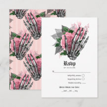 Roze bloemenskelet gotische trouwuitnodiging