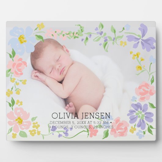 Roze bloemenslinger Baby naam Script geboorte stat Fotoplaat (Voorkant)