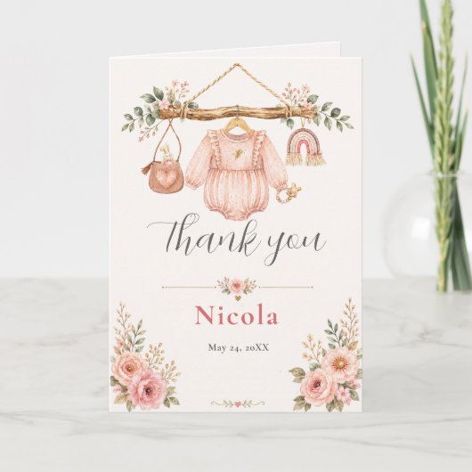 Roze bloemenslinger baby shower bedankkaart (Voorkant)