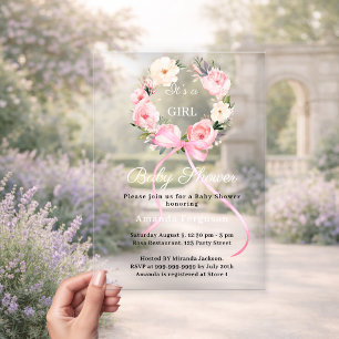 Roze bloemenslinger boog meisje luxe Baby Shower Acryl Uitnodigingen