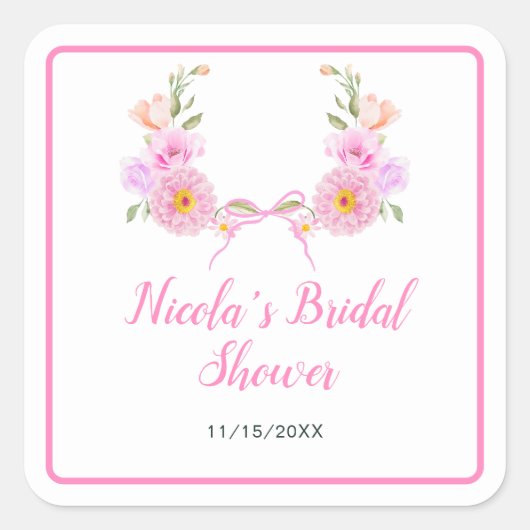 Roze bloemenslinger bruidsdouche vierkante sticker (Voorkant)