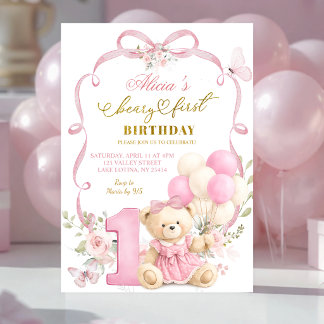 Roze bloemenslinger Coquette Beary eerste verjaard Kaart