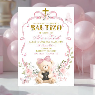 Roze bloemenslinger Coquette Beer Bautizo uitnodig Kaart