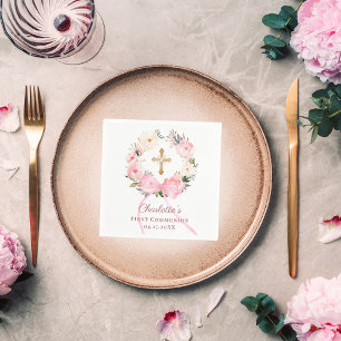 Roze bloemenslinger lint Eerste Communie Servet