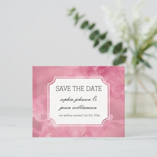 Roze bloemenslinger save the date (Staand voorkant)