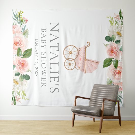 Roze bloemenslinger voor babyfeest meisje achtergr wandkleed (In Situ (horizontaal))