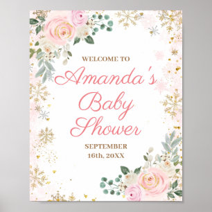 Roze bloemensneeuwvlokken Winter Baby Shower Welko Poster