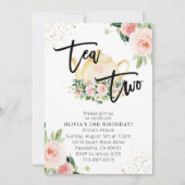 Roze bloementhee voor twee 2e verjaardagsfeestje kaart (Voorkant)