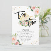 Roze bloementhee voor twee 2e verjaardagsfeestje kaart (Staand voorkant)