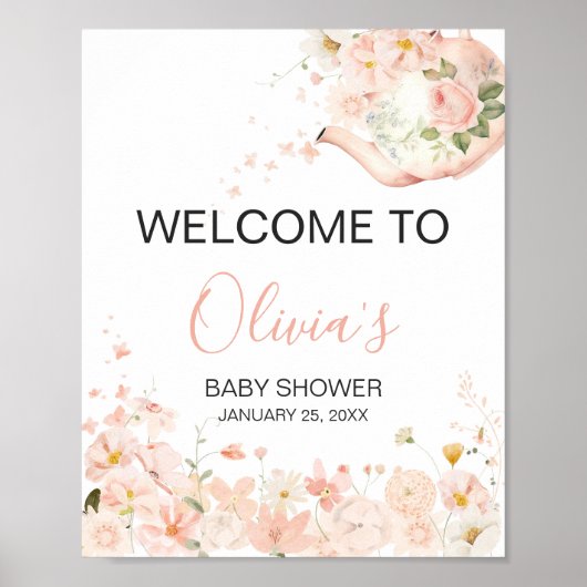 Roze Bloementhee voor twee Baby shower Welkom Poster (Voorkant)