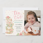 Roze bloementhee voor twee verjaardagsfoto's kaart (Voorkant)