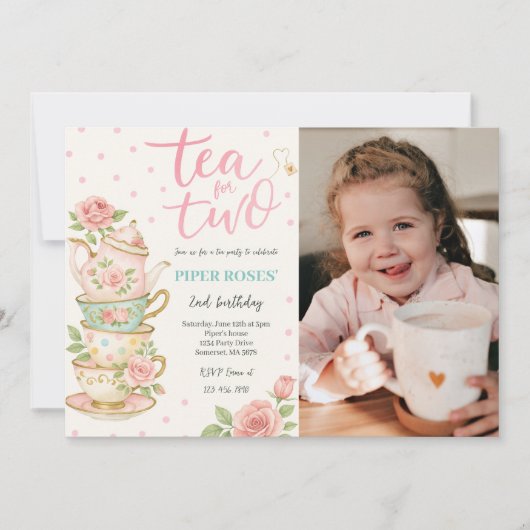 Roze bloementhee voor twee verjaardagsfoto's kaart (Voorkant)