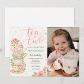 Roze bloementhee voor twee verjaardagsfoto's kaart (Voorkant / Achterkant)