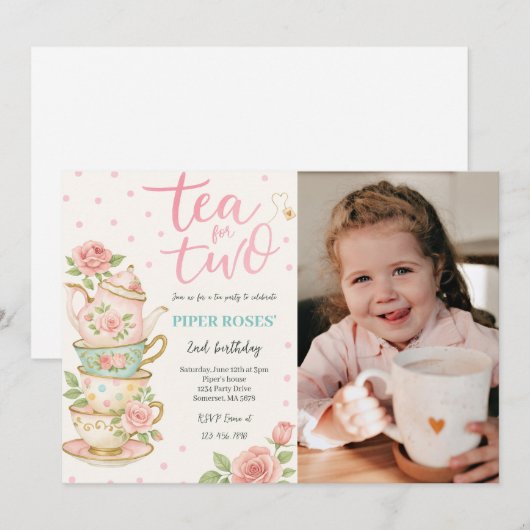 Roze bloementhee voor twee verjaardagsfoto's kaart (Voorkant / Achterkant)