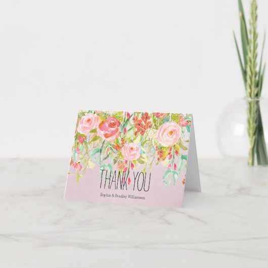 Roze bloementuin aquarel dank je bedankkaart (Voorkant)