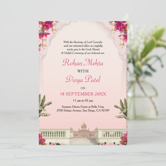 Roze Bloementuin Indiaas Kleurrijke bruiloft uitno Kaart (Staand voorkant)