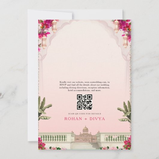 Roze Bloementuin Indiaas Kleurrijke bruiloft uitno Kaart (Achterkant)