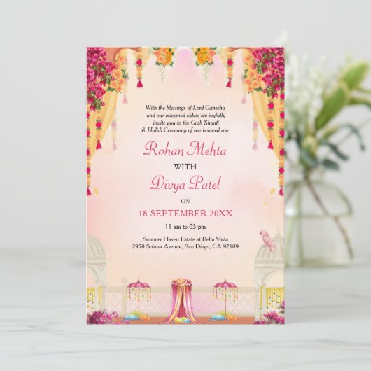 Roze Bloementuin Indische kleurrijke bruiloft Kaart (Staand voorkant)