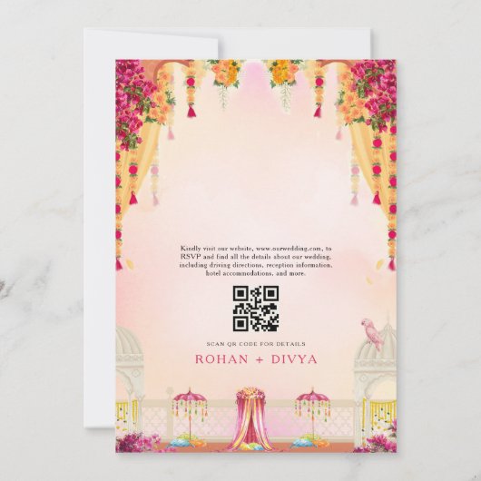 Roze Bloementuin Indische kleurrijke bruiloft Kaart (Achterkant)