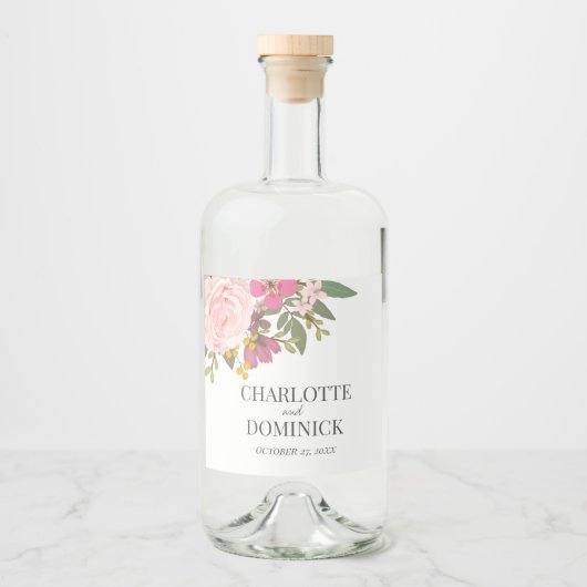 Roze Bloementuin lente bruiloft gunsten Likeurfles Etiket (Voorkant)