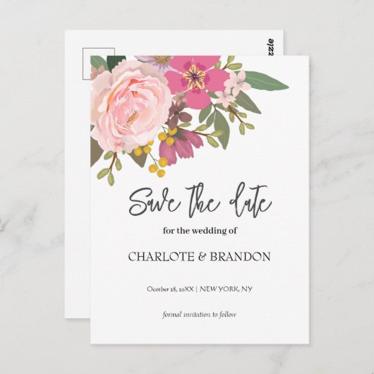 Roze Bloementuin lente bruiloft Save the Date Briefkaart (Voorkant / Achterkant)