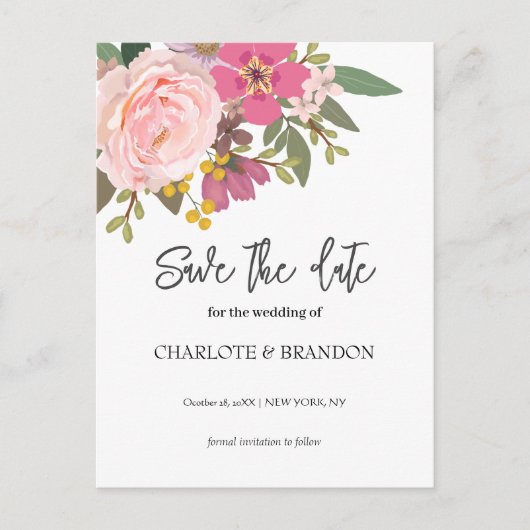 Roze Bloementuin lente bruiloft Save the Date Briefkaart (Voorkant)
