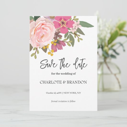Roze Bloementuin lente bruiloft Save the Date Kaart (Staand voorkant)