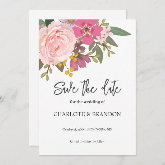 Roze Bloementuin lente bruiloft Save the Date Kaart (Voorkant / Achterkant)