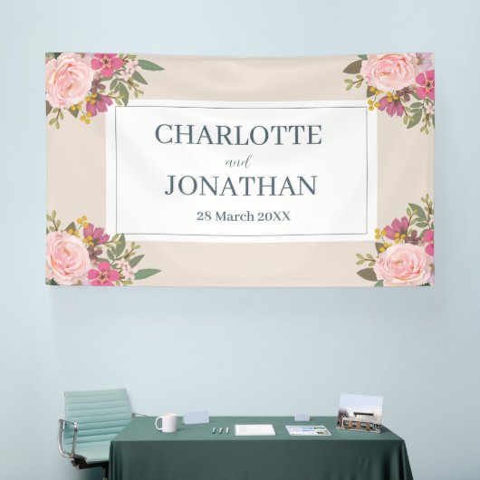 Roze Bloementuin lente bruiloft Spandoek (Beurs)