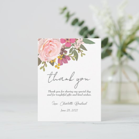 Roze bloementuin lente bruiloftsborrel briefkaart (Staand voorkant)