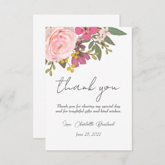 Roze bloementuin Lente Bruiloftsfeest  Bedankkaart (Voorkant / Achterkant)