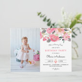 Roze Bloementuin Meisje Foto Verjaardag Kaart (Staand voorkant)