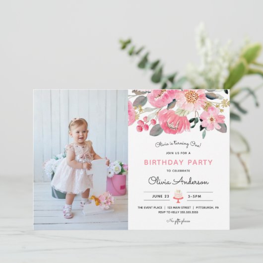 Roze Bloementuin Meisje Foto Verjaardag Kaart (Staand voorkant)