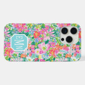 Roze bloementuin met monogram iPhone hoesje (Achterkant horizontaal)