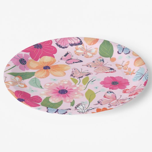 roze bloementuin papieren bordje (Gekanteld)