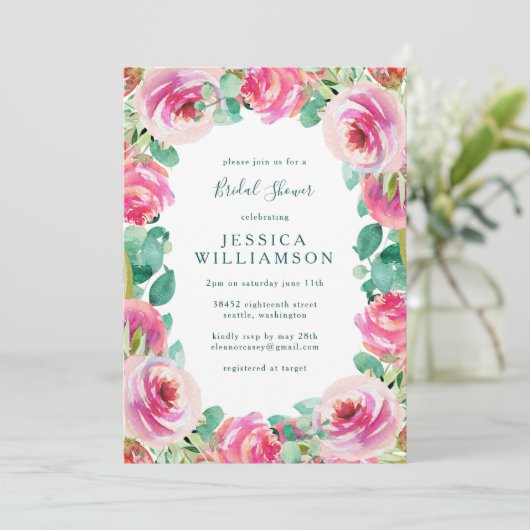 Roze Bloementuin Romantisch Bruidsdouche Feest Kaart (Staand voorkant)
