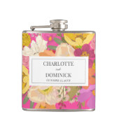 Roze Bloementuin Trouwparen Namen Heupfles (Voorkant)