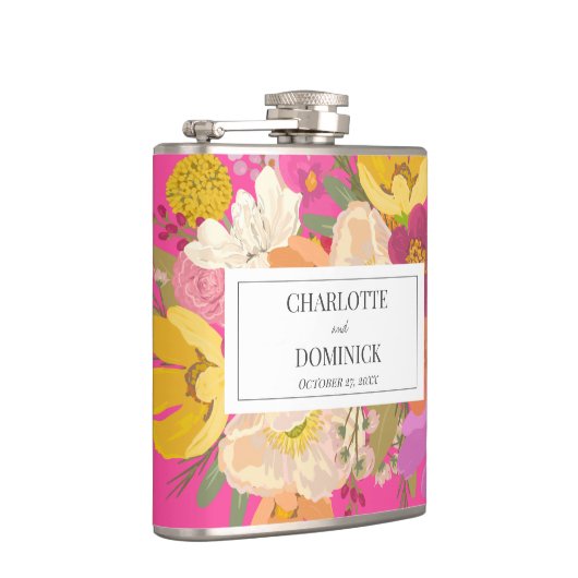 Roze Bloementuin Trouwparen Namen Heupfles (Rechts)