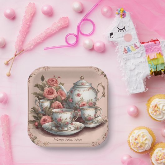  roze bloementuin verjaardagstheefeest papieren bordje (Feest)