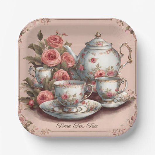  roze bloementuin verjaardagstheefeest papieren bordje (Voorkant)