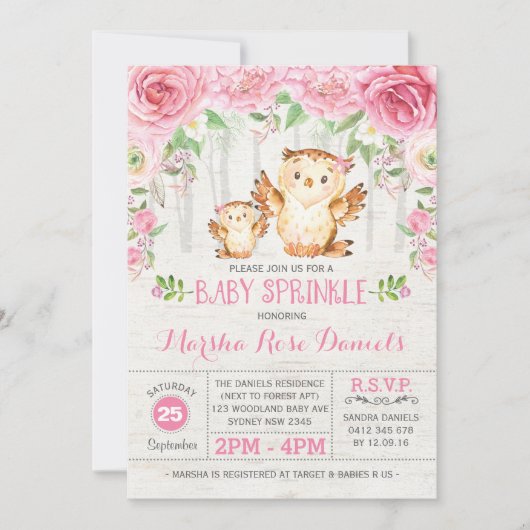 Roze Bloemenuil Baby Meisje Douche Uitnodiging For (Voorkant)