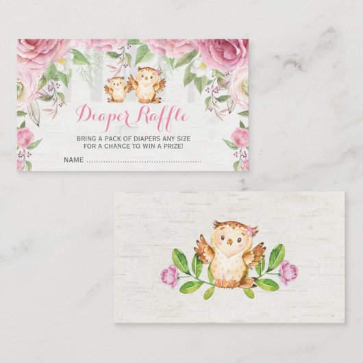 Roze Bloemenuil Mama & Baby Luier Raffle Ticket Informatiekaartje (Voorkant / Achterkant)