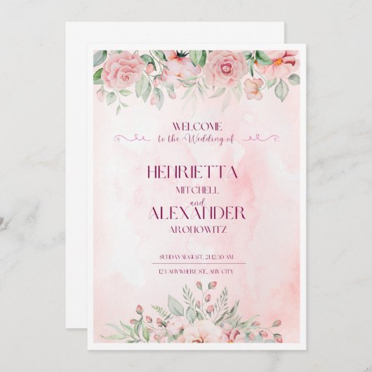 Roze bloemenuitnodiging Sjabloon, bewerkbaar Uitno Kaart (Voorkant / Achterkant)