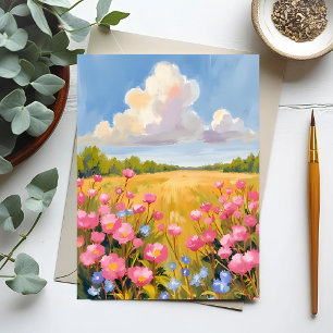 Roze Bloemenveld Landschapschilderij Briefkaart