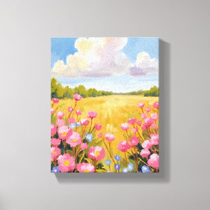 Roze Bloemenveld Landschapschilderij Canvas Afdruk