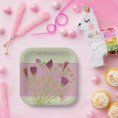 Roze Bloemenvierkant Papieren Bordje (Feest)