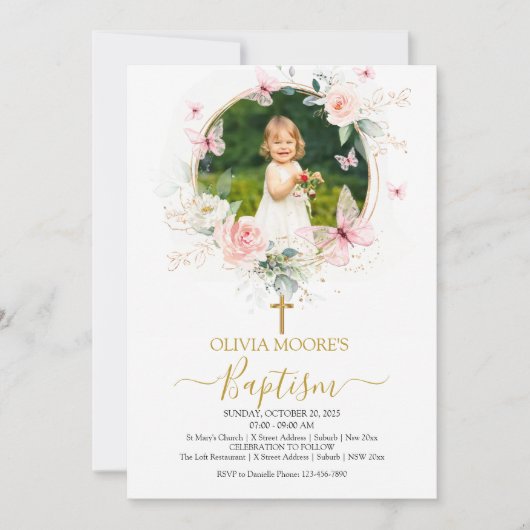 Roze Bloemenvlinder Doop Uitnodiging (Voorkant)