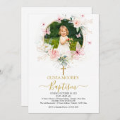 Roze Bloemenvlinder Doop Uitnodiging (Voorkant / Achterkant)